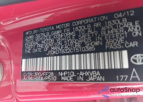 2012 Toyota Prius C Two from USA, damaged, VIN JTDKDTB32C1510385